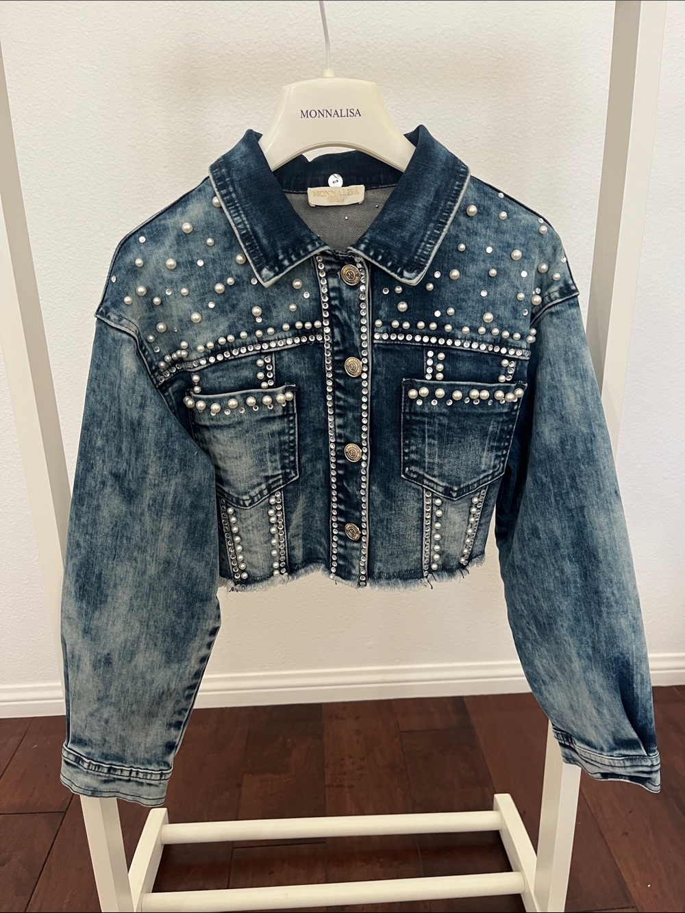 MonnaLisa Pearl-Studded Cropped Denim Jacket - Blue